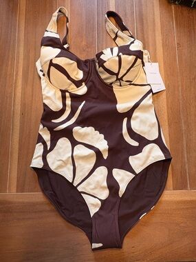 Brown & Cream One-Piece Floral Swim Suit